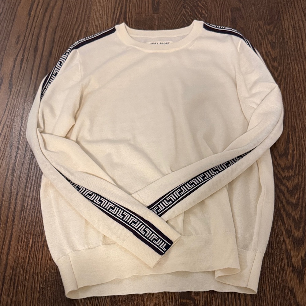 Tory Sport Cream Crewneck Sweater with Black Geometric Shoulder & Sleeve Stripe